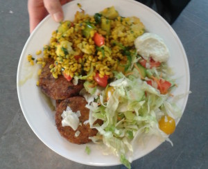School lunch at Global gymnasium. Organic chick-pea beef. Photo: AnnVixen
